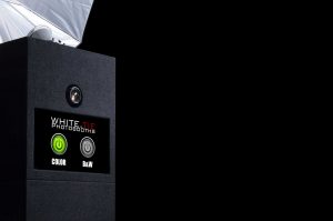close up of monitor on photo booth it reads White Tie Photo Booths color and black and white